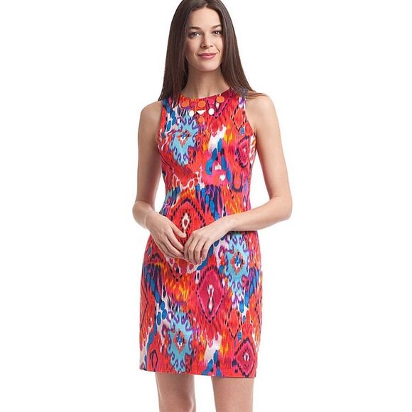 Belle BADGLEY MISCHKA Ikat Sheath Dress, Orange Pink Multi-color size 10 cotton - Picture 1 of 11